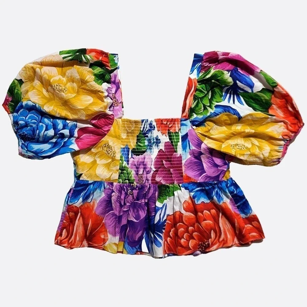 FARM Rio Rainbow Chita Peplum Blouse XL 1X 14 16 Luxury 100% Cotton Floral